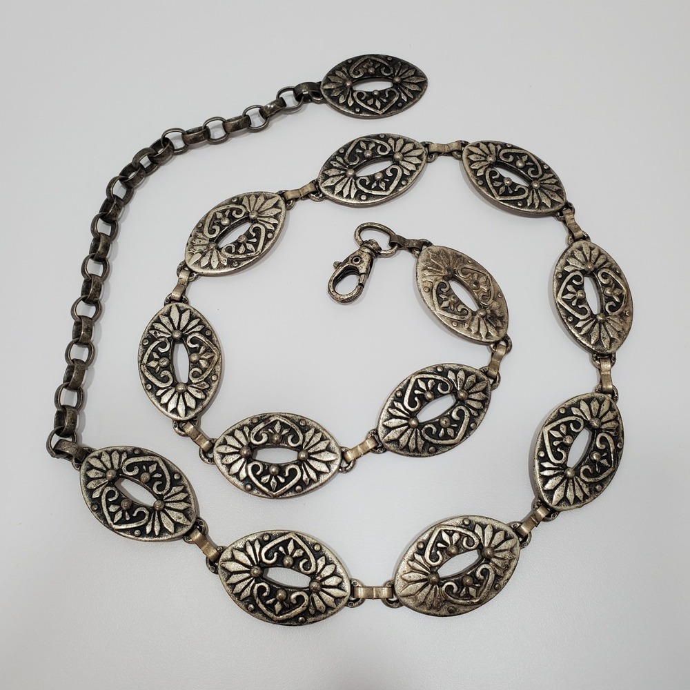 Vtg Womens Western Concho Belt One Size Cowgirl Boho Floral Medallion Chain Belt